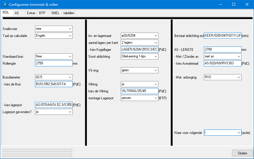 Scherm van rol-configurator, eerste blad met de belangrijkste opties