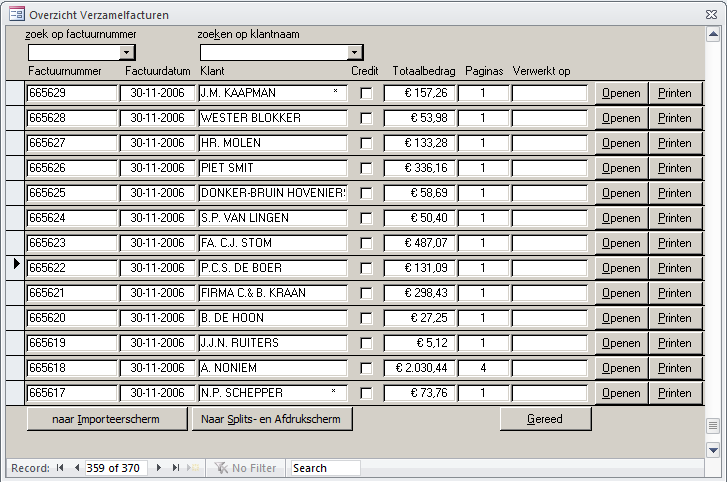 Facturen herstellen vanuit tekstbestand - bedieningsscherm