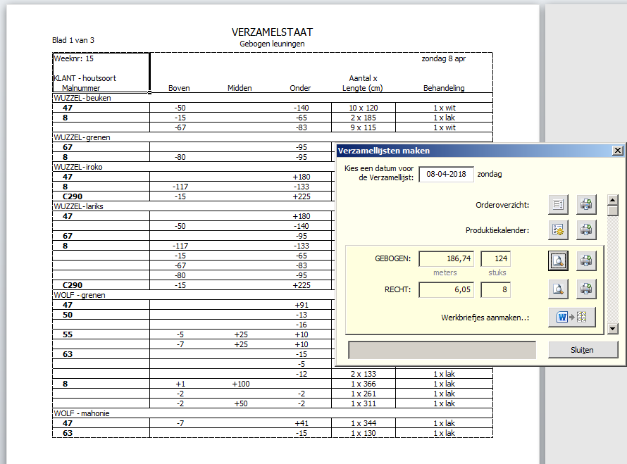 Verzamellijst van te produceren gebogen leuningen